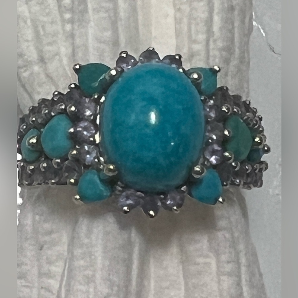 ESTATE SOLID PLUMB 14K WHITE GOLD W TURQUOISE, DIAMOND COCKTAIL RING S 8 EUC - Picture 4 of 8